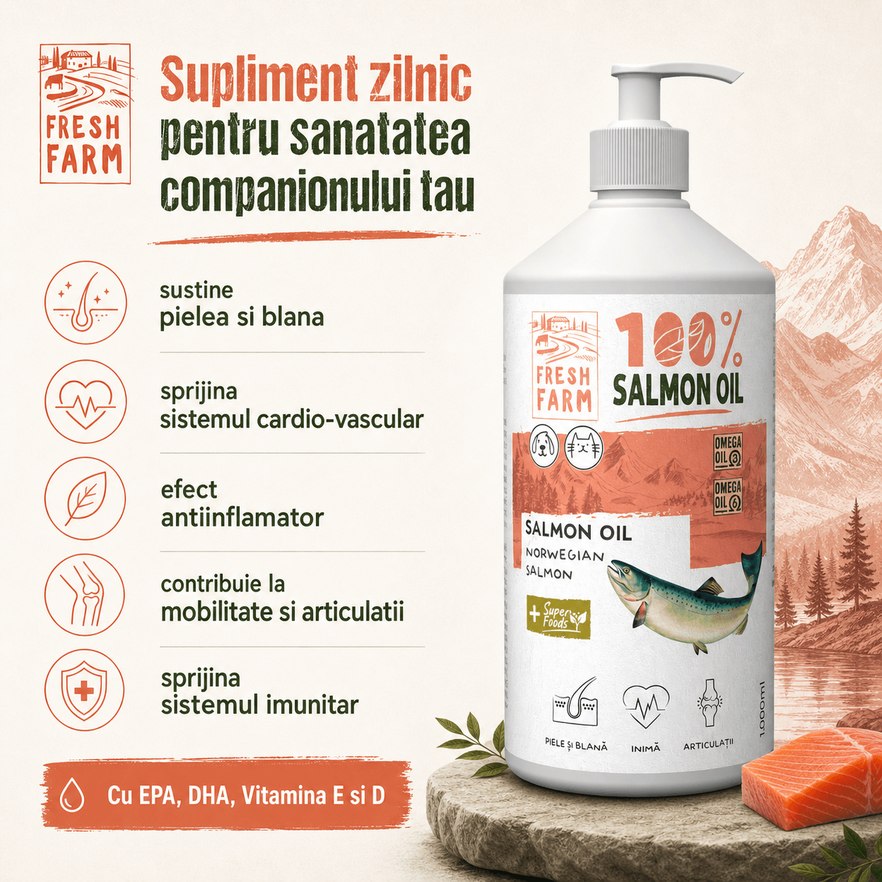 FRESH FARM Ulei de Somon, supliment piele & blană, sistem cardio-vascular câini, ulei FRESH FARM Ulei de Somon, XS-XL, supliment piele & blană, sistem cardio-vascular câini și pisici, flacon, 1l ulei - imagine 4